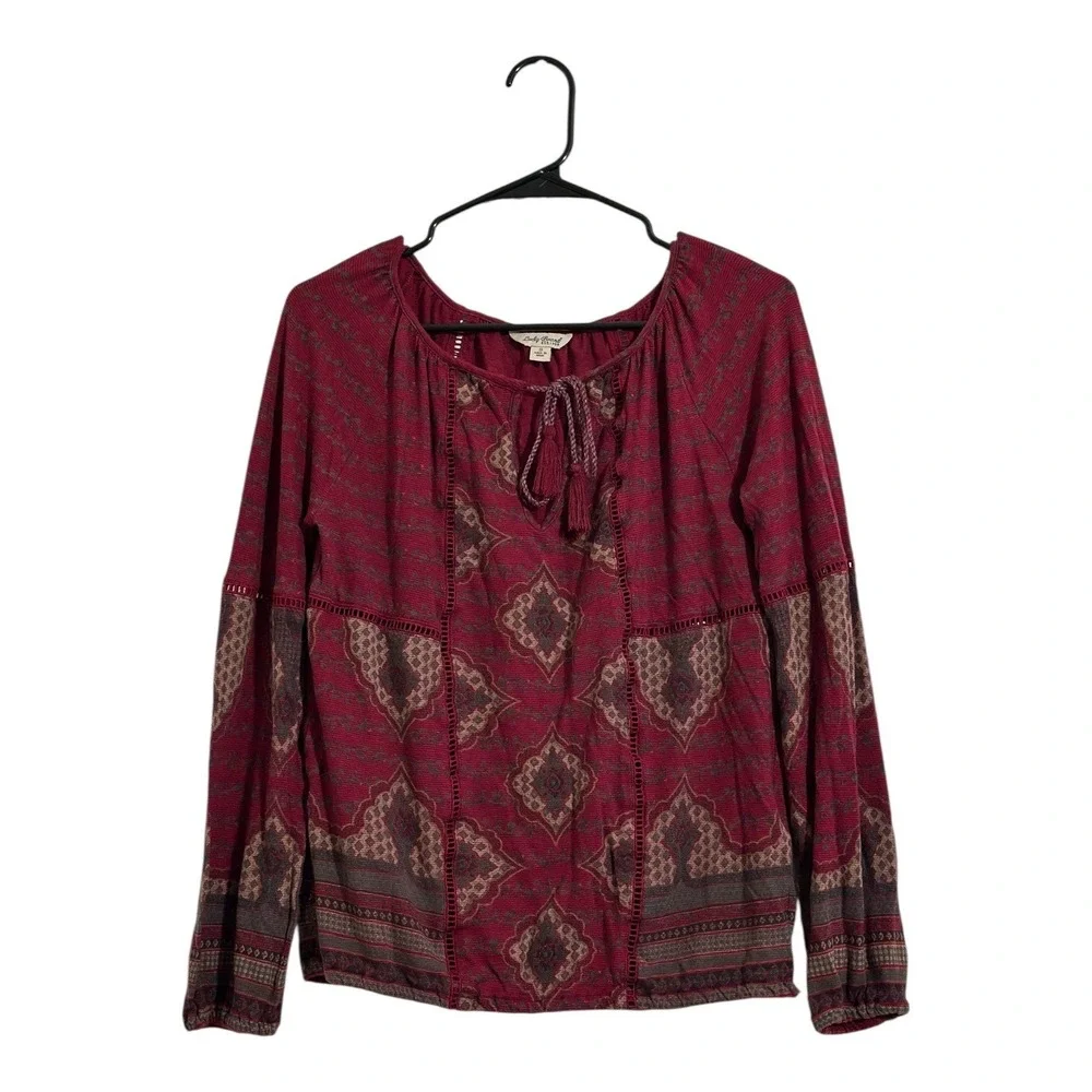 Lucky Brand Bohemian Medallion Print Burgundy Peasant Top‎ Women's Size Small